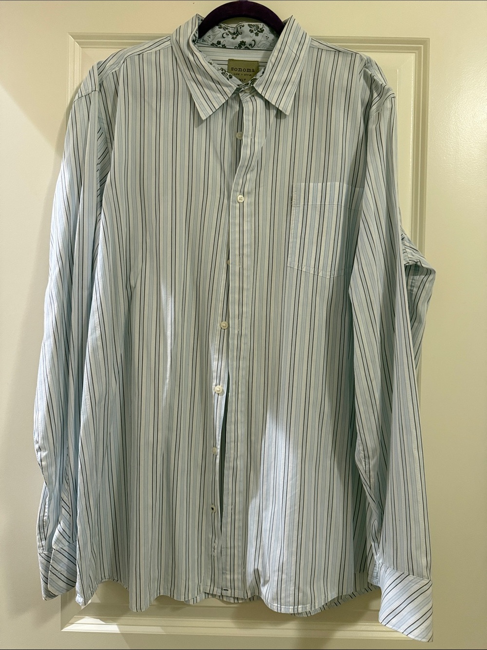 Sonoma Men's Light Blue and Navy Vertical Stripe Button-Down Shirt